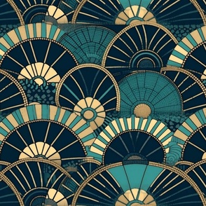 art deco circle fans in gold and black and teal 