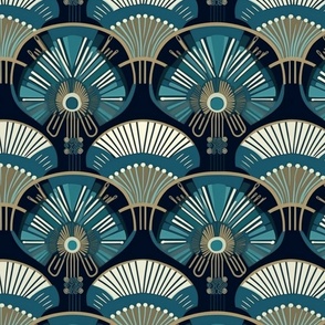 art deco fans in blue and teal and gold