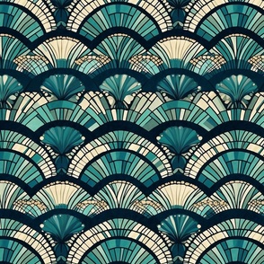 art deco circle fans in blue and teal and black