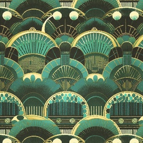 art deco circles in green, teal and gold