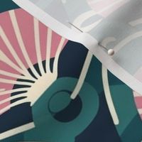 art deco circles in pink and teal shells