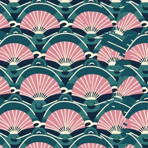 art deco circles in pink and teal shells