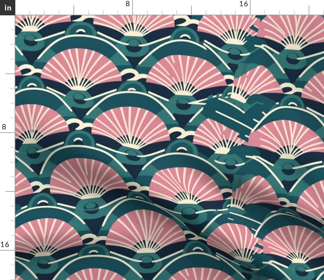 art deco circles in pink and teal shells