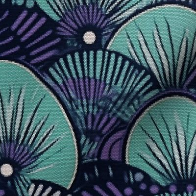 art deco circles in purple and teal geometric fans