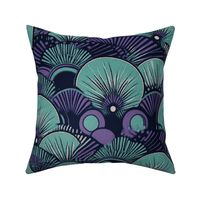 art deco circles in purple and teal geometric fans