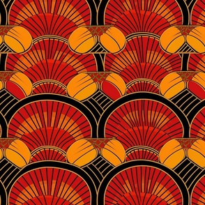 art deco tropical fans in red and orange