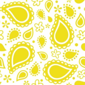 Large Scale Playful Paisley Bandana Lemon Yellow on White