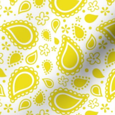 Medium Scale Playful Paisley Bandana Lemon Yellow on White
