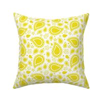 Medium Scale Playful Paisley Bandana Lemon Yellow on White