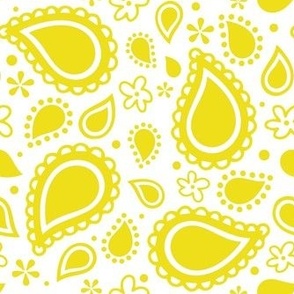 Medium Scale Playful Paisley Bandana Lemon Yellow on White