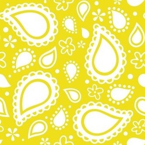 Medium Scale Playful Paisley Bandana White on Lemon Yellow