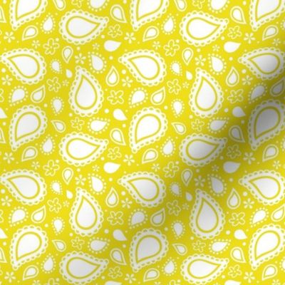 Small Scale Playful Paisley Bandana White on Lemon Yellow