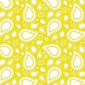 Small Scale Playful Paisley Bandana White on Lemon Yellow