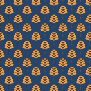 leaf stem, geometric repeat, for apparel, quilting and home decor, navy and mustard, smaller