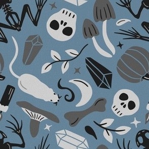 Gothic witchcraft collection in shades of gray - blue background