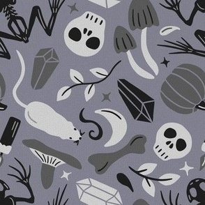 Gothic witchcraft collection in shades of gray - purple greyish background