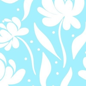 peony flowers, stylised, modern floral for apparel and bold home decor, aqua, pastel blue and white,  flat floral,  large scale