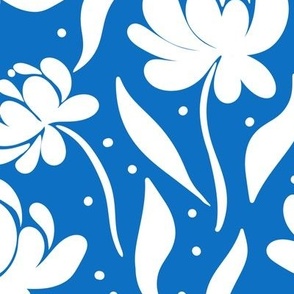 peony flowers, stylised, modern floral for apparel and bold home decor, cobalt blue and white,  flat floral, large scale