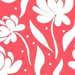 peony flowers, stylised, modern floral for apparel and bold home decor, coral red and white,  flat floral, large scale 