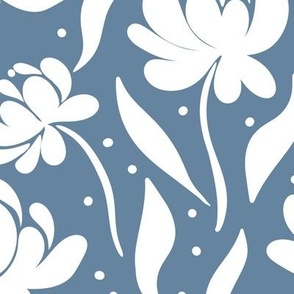 peony flowers, stylised, modern floral for apparel and bold home decor, grey blue, and white,  flat floral, large scale