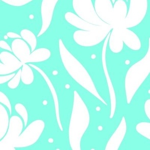 peony flowers, stylised, modern floral for apparel and bold home decor, mint, and white,  flat floral, large scale
