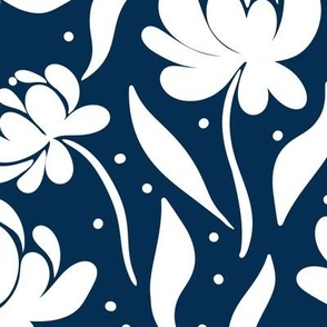 peony flowers, stylised, modern floral for apparel and bold home decor, navy, and white, flat floral, large scale