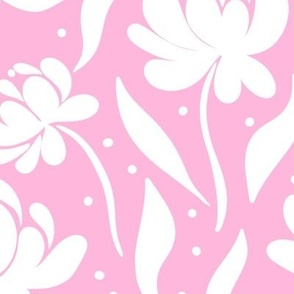 peony flowers, stylised, modern floral for apparel and bold home decor, pastel pink and white, flat floral, large scale