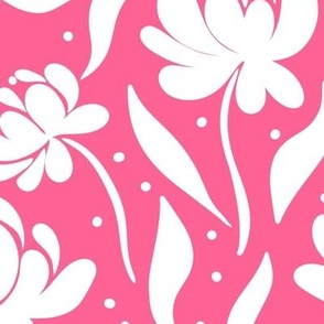 peony flowers, stylised, modern floral for apparel and bold home decor, fuchsia pink and white,  flat floral, large scale