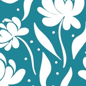 peony flowers, stylised, modern floral for apparel and bold home decor, teal and white, flat floral, large scale