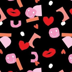 Paper cut mid-century modernist Valentine - Retro geometric cut out Valentine's Day happy terrazzo hearts and shapes smiley design  pink orange red on black