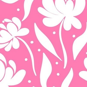 peony flowers, stylised, modern floral for apparel and bold home decor,  rose pink and white, flat floral, large scale