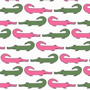 Preppy Dark Pink and Dark Green Crocodiles half brick repeat on white background
