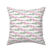 Preppy Light Pink and Light Green Crocodiles half brick repeat on white background