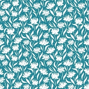 peony flowers, stylised, modern floral for apparel and floral home decor, teal and white,  flat floral, small scale