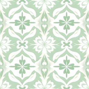 Sage Green Floral Motifs on White