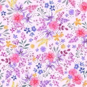 watercolor cottage garden floral, pink and mauve, medium scale