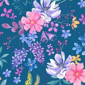 watercolor cottage garden floral, pink and mauve, navy background, large scale