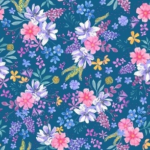 watercolor cottage garden floral, pink and mauve, navy background, medium scale