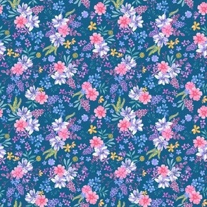 watercolor cottage garden floral, pink and mauve, navy background, small scale