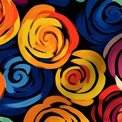 kandinsky roses in orange, red, green, and blue