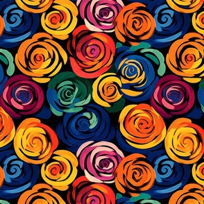 kandinsky roses in orange, red, green, and blue
