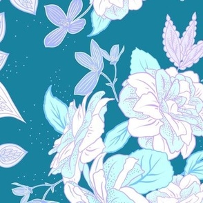 camellias and begonia floral  with stylised leaves in teal, turquoise and lilac