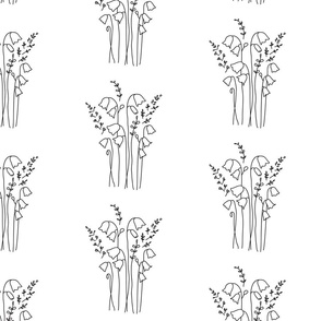 Black Line-Drawn Monochrome Bluebells and Grasses Bouquets on White