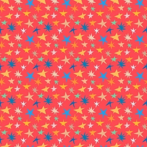 Very Wonky Whimsy Blue and Yellow Stars on a  Bright Red Background