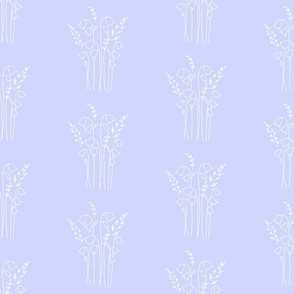 White Line-Drawn Monochrome Bluebells and Grasses Bouquets on Soft Blue Lilac 12in x 6in