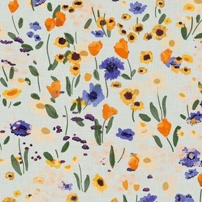 Small scale Spring flower meadow on baby blue with linen texture