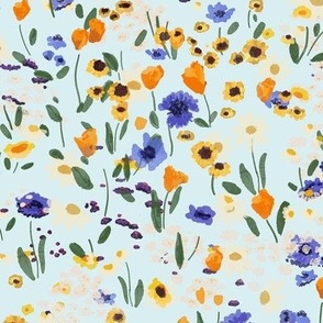 Small scale Spring flower meadow on baby blue 
