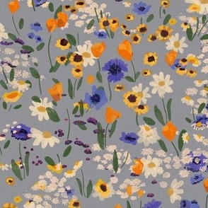 Small scale Spring flower meadow on dusty blue with linen texture