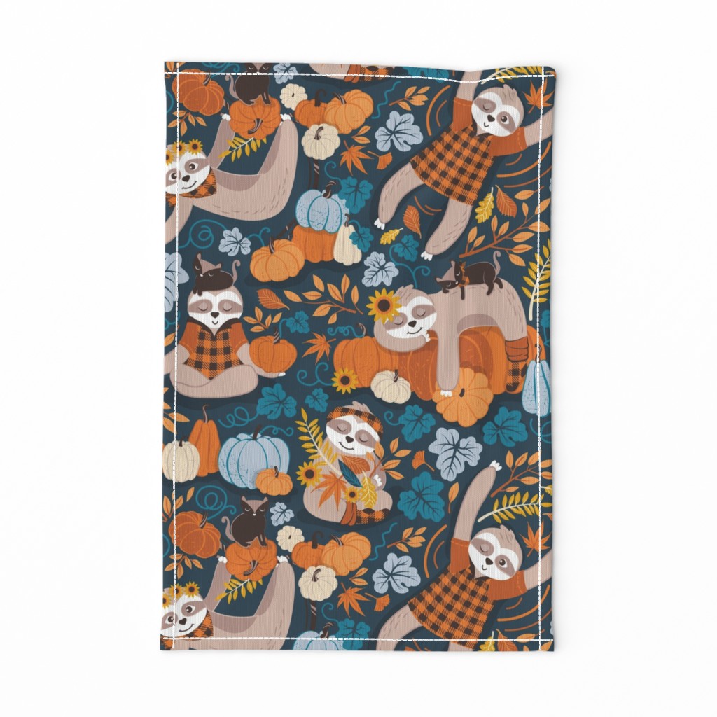 Normal scale // Sloths in pumpkin mood // blue background orange blue and pastel blue autumnal pumpkins fall leaves shepherd’s check yellow sunflowers