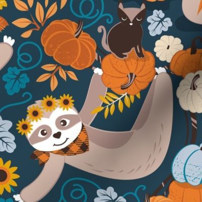 Normal scale // Sloths in pumpkin mood // blue background orange blue and pastel blue autumnal pumpkins fall leaves shepherd’s check yellow sunflowers